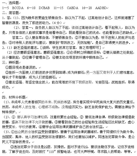 岳阳市长炼中学思想品德七年级下册期末试题